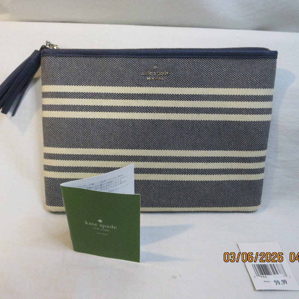 KATE SPADE~LARCHMONT AVENUE STRIPED FRENCH NAVY CLUTCH/ COSMETIC BAG/ GRAB N GO